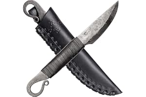 MADHAMMERS Cuchillo de Acero Forjado a Mano. Caracol Afilado y Hoja Puntiaguda con una Funda de Cuero Negro Real - Ideal para Amantes del Arte y la Cultura - Longitud Total 19 cm - Regalo Original