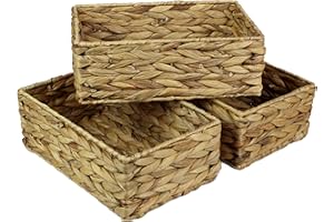 POP-IT-IN-A-PELICAN Rectangular Water Hyacinth Small baskets for storage Natural colour wicker basket shelves open Decorative gift box Small bathroom mini tray makeup bathroom Kitchen organiser (Medium 28cm, 3x Basket)