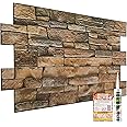 3D Wall Panels with Adhesive Included - 4 Sheets Covering 1.84 sqm | 19.84 sqft Moisture Resistant PVC Plastic Cladding Panel - 96 cm x 48cm | 37.79 x 18.89 in - Rustic Tan with Brickwork Effect