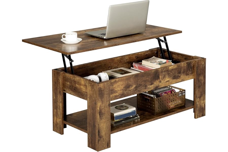 Yaheetech Lift Up Coffee Table, Wooden Lifting Tea Table with Hidden Storage Drawer and Open Shelf for Living Room/Reception, Rustic Brown, 98x50x(42-56) cm