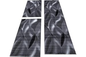 SIMPEX Bettumrandung Corridore Tappeto, Onde a Bassa Pelo Design Läuferset 3 Pezzi corridoio Camera da Letto Bianchi Heather Nero Grigio, Bettset:2x80x150+1X80x300