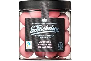 ‎LEVERANDØR TIL DET KGL. DANSKE HOF SV. MICHELSEN CHOKOLADE HÅNDLAVET SIDEN 1933 Sv. Michelsen Lakritze - Dänische Lakritz Kugeln mit Weißer Schokolade & Erdbeeren – 150g | Handgefertigt, Glutenfrei, Gourmet Lakritz Geschenk | Hochwertige Süßigkeiten aus Dänemark