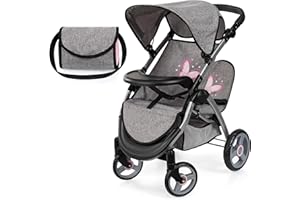 BAYER DESIGN Bayer Twin Dolls Pram - Foldable Dolls Double Buggy for 46 cm Doll, Twin Stroller with Adjustable Handle Height for Girls - Double Pushchair, Basket & Changing Bag - Baby Doll Pram for 3 + Years Old