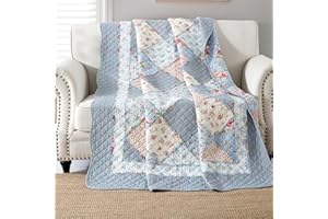 Qucover Patchwork Copriletto Trapuntato Singolo 150x200 cm Trapuntino per Primaverile Estivo Coperta in Cotone Shabby chic Blu Stile Country