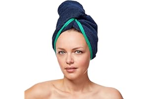 Sowel® Turban do włosów ze 100% bawełny organicznej, turban z guzikiem, dla kobiet i mężczyzn, granatowy/zielony