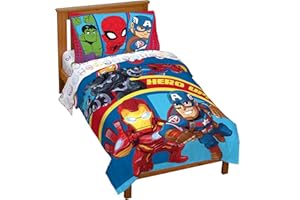 JAY FRANCO Marvel Super Hero Adventures Double Team 4 Piece Toddler Bed Set – Super Soft Microfiber Bed Set - Bedding Features Captain America, Spiderman, Iron Man, & Black Panther (Official Marvel Product)