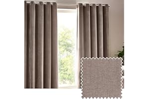 furn. Yard Heavy Chenille Eyelet Curtain Pair – Lined Room Darkening Soft Velvet Curtains (Greige - Width 168 x Drop 229cm)