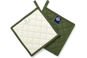 Encasa XO Presine in cotone resistente al calore con anello per appenderle - Set di 2 -Foglia verde - Presina da cucina, barbecue e microonde - 21 cm