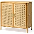 PATIOHIT Sideboard Buffet Cabinet with Storage 31.5" Bamboo Accent Cabinet with 2 PE Rattan Doors Boho Entryway Cabinet Buffet Table for Living Room Hallway Kitchen Dining Room