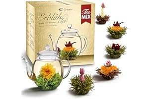 ‎CREANO Creano Teeblumen Mix - goldenes Geschenkset Erblühtee mit Glas Teekanne weißer, grüner & schwarzer Tee in 6 Sorten Geschenk für Frauen 7 teilig
