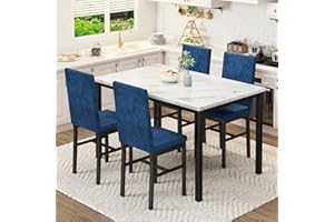 HOOSENG Dining Table and Chairs Set 4, Kitchen Table Set for 4, Faux Marble Dinner Table Set with 4 Upholstered Velvet Chairs, Dining Room Table Set for Small Space Apartment, White & Blue