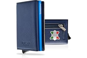 1ONESPO MAGNETIC Portafoglio uomo VERA PELLE - Porta Carte di Credito uomo con Portamonete e Contanti - Protezione RFID 8 tessere, SAFFIANO Blu