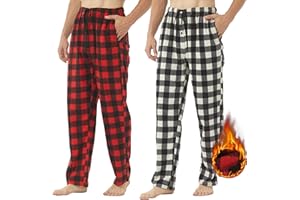 YUSHOW 2er Pack Schlafanzughose Herren Lang Fleece Karierte Pyjamahose Winter Warm Pyjama Hose Soft Freizeithose Weihnachts Pyjama mit Taschen und Kordelzug