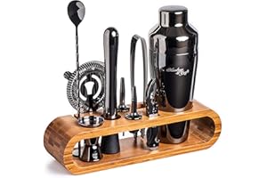 Mixology & Craft Cocktail Set (10-TLG.) - Edles Cocktail Shaker Set mit Shaker aus Edelstahl und Bar Zubehör im Holzständer aus Bambus - Dekoratives Geschenkset - Schwarz