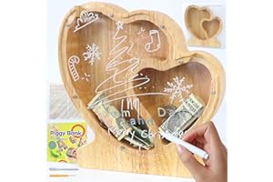 Lakpopya Spardose für Kinder Jungen Mädchen Sparschwein Kinder Spardose Personalisiert Durchsichtig Spardose Buchstabe Holz A-Z mit Zielbereich & Aufkleber & Marker, Taufe Geschenk Dekoration (Herz-2)