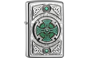Zippo - Briquet Tempête, Croix Celtique Verte, Chromé (Street Chrome), Emblème, Rechargeable, Réutilisable, Résistant Au Vent, Coffret Cadeau, Fabriqué Aux États-Unis