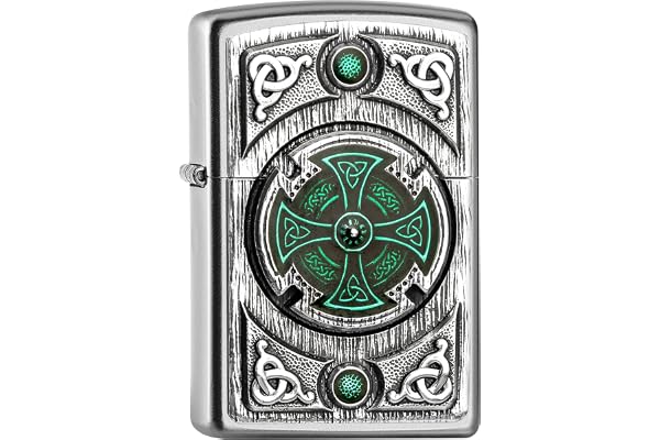 Zippo - Briquet Tempête, Croix Celtique Verte, Chromé (Street Chrome), Emblème, Rechargeable, Réutilisable, Résistant Au Vent, Coffret Cadeau, Fabriqué Aux États-Unis