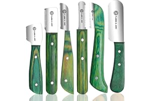 FLAMIA & JABZ Professional Stripping Knife kit (6 Pieces Set) for Dogs & Pets, Wooden Handle Grip with Stainless Steel Comb (Right Handed) (Green)