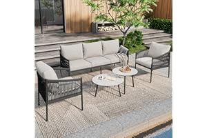 Laxnb Garden Furniture Set, Balcony Furniture, Garden Lounge Furniture, Outdoor, 5 Seater Seat Set with 2 Coffee Tables, Garden Lounge Patio Furniture, 3-Seater Sofa, 2 Armchairs & 2 Tables, Glass Top