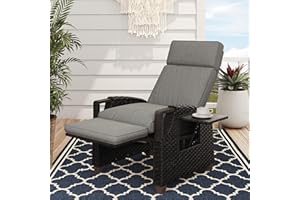 Grand patio Recliner Sun Lounger for Garden, Adjustable Backrest Armchair with Flip Table and Cushion, Rattan Garden Chair Lounge Chair for Yard, Patio, Outdoor - Dark Gray Cushion & Brown Wicker
