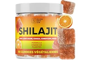 5 elementum Shilajit Gummies Pure Himalaya – 90 Gommes Shilajit Sans Sucre avec 2200 mg – Champignons Reishi, Crinière de Lion, Chaga & Cordyceps – Goût Orange – Vegan – Complément Naturel