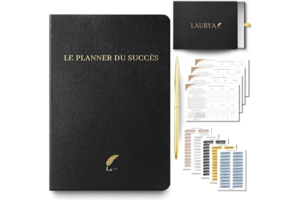 Planner Français de productivité, Semainier, Planning annuel mensuel journalier,agenda non daté, coffret cadeau stickers affirmations positives, to do list, bullet journal pre rempli (4 mois) (Noir)