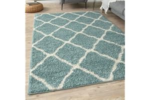 THE RUGS Shaggy Rug – Modern Moroccan Design Rugs for Living Room, Bedroom, Hallway, 3 cm Thick Area Rugs, (Moroccan Duck egg blue/Ivory, 80x150cm)