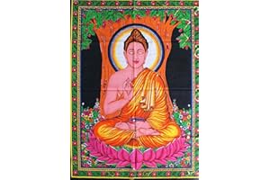 SOPHIA-ART Dieu multi indien Arjun Bouddha affiche belle Jésus Shiva tapisserie Sequin mur travail à la main Krishna Radha suspendus ethnique Ram SaiBaba coton affiche Laxmi affiche Unique (Budda, 42" X 30")