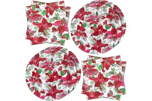 ZVK Vajilla de fiesta, Juego de Platos, Servilletas 40 piezas Flores de Navidad Juegos de vajilla para fiestas de papel Juegos de cubiertos desechables para Navidad, Año Nuevo