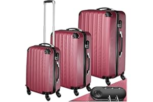 TecTake® Set Valigie Trolley Rigide, 3 Pezzi, Grande, Medio, Bagaglio a Mano, Ruote Girevoli a 360°, Struttura ABS Robusta, Maniglie Telescopiche in Alluminio - Rosso