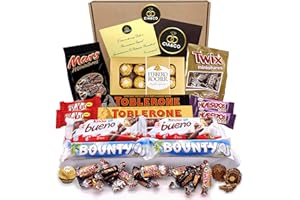 CIA&CO Süßigkeiten-Geschenkbox mit +20 Pralinen Ferrero Rocher, Toblerone, Kinder Bueno, Bounty Coconut, Mars, Twix und leckeren Riegeln Kit Kat und Huesitos.