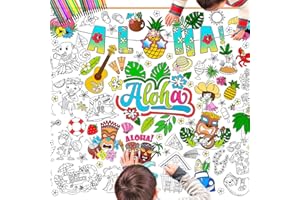 DPKOW Summer Tropical Coloring Poster with Paint Pens, 47 x 33 Inches Hawaiian Tiki Giant Paper Coloring Tablecloth for Kids Doodle Art Birthday Crafts Gift, Aloha Luau Flower Coconut Pineapple Parrot