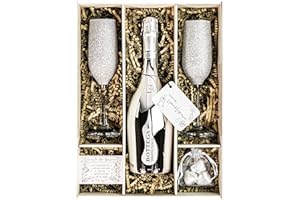 SPARKLEWARE Bottega White Gold Sparkling Wine 75cl Gift Set Hamper With Matching Sparkling Silver Champagne Flutes, Chocolates And Gift Box - Silver Wedding Gift With Personalised Message (Sparkling Tops)