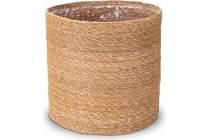 Decorasian Cache-pot en jonc de mer - Pot de fleurs tressé - Panier décoratif avec insert en film - Style bohème - Naturel - 20 cm