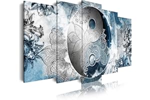 DekoArte 555 - Impression Sur Toile Moderne D'Images Artistiques | Toile Décorative Pour Votre Salon Ou Votre Chambre | Style Abstrait Ying Yang Zen Couleurs Bleu Argent | 5 Pièces 150 x 80 cm