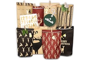 AMARI ® Calendrier de l'Avent à remplir n° 15 - 24 sacs de l'Avent en papier (avec pinces en bois) pour bricolage de Noël - Sacs en papier de Noël