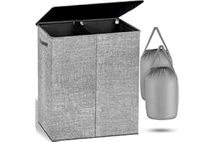 NUCAZA Double Laundry Basket with Lid & Removable Laundry Bags, 2 Compartments Washing Basket for Light & Dark Clothes, 145L Large Laundry Hamper, Collapsible Laundry Bin Storage Basket Grey