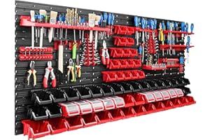 SIMPLETHING Système de rangement mural pour atelier et garage 172 x 78 cm Avec 62 boîtes empilables et supports d’outils Panneau porte-outil perforé ultra solide