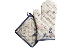 Maison d' Hermine Faience Ensemble de Gants de Four de (19cm x 33cm) et maniques de (20cm x 20cm), 100% Coton, pour Barbecue, Cuisson, Four, Micro-Ondes, grillades, Printemps/été, Pâques