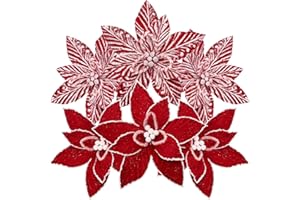 Sea Team Paquete de 6 adornos de flores artificiales de Navidad, tejido flocado, juego de poinsettia, decoraciones florales para árbol de Navidad, corona, guirnalda, 10 pulgadas, rojo