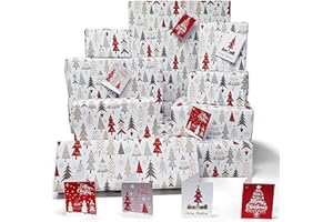 DELECO Luxury Christmas Wrapping Paper and Tags Set - 100% Recycled Paper - 8 Modern Christmas Tree Gift Wrap Sheets with 8 Matching Folded Tags. Eco Friendly Sustainable Xmas Paper
