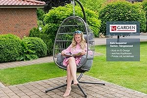 ‎LC GARDEN LC Garden Sunai Hängesessel mit Gestell • Bequemer Hängekorb Sessel • Rattan Hängesessel Indoor und Outdoor - Boho Egg Schaukel für Terrasse 160kg Tragkraft (anthrazit)