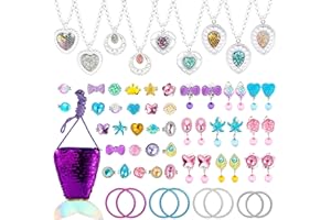 WATINC - Juego de Joyas de fantasía de Princesa Sirena de 62 Piezas para niñas pequeñas, Incluye Collares, Anillos, Pendientes, Pulseras, Bolso de Lentejuelas para Fiesta de Disfraces de Princesas