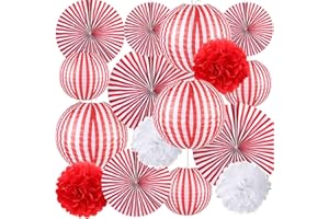 Hortsun 16 Pcs Carnival Circus Party Decorations Red and White Stripes Paper Lanterns Paper Fans Paper Flowers for Carnival Circus Birthday Baby Shower Christmas Halloween Decoration 8/12/16 Inch