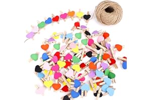 ISIYINER Mollette in Legno 100 Pezzi Mini a Forma di Cuore Clip di Legno Mollettine Bucato Decorative con 30 Metri Filo Juta Naturale per Foto Biglietti Matrimonio Scrapbooking DIY