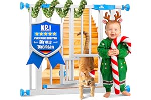 KIDIZ Absperrgitter zum Klemmen mit Katzenklappe, Türschutzgitter, Autoclose Kinder Treppengitter ohne Bohren | 90° Stopp Schutz, schwenkbar, Treppenschutzgitter, Weiß/Blau, Breite: 74-80 cm