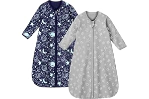 Unnivoll Baby Sleeping Bag 0.5 Tog 0-6 Months Long Sleeve Summer Sleep Sack 2 Pack 100% Cotton Baby Sleep Bag Wearable Blanket for Newborn Infant Blue Grey Planet