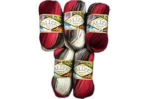 RINTALEN 5 Packs of 100g Alize Burcum Tie Dye Wool Bordeaux Red Black Grey White with Colours, No. 1984 500 Gram Knitting Wool