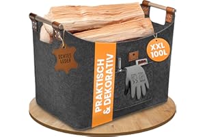 BLACK OAK Montana XXL 100L Filzkorb & Holzkorb für Kaminholz - Echt-Leder Applikation + breite Griffe + Fronttasche extra groß - Filz Tasche Korb für Holz faltbar Transport & Aufbewahrung grau