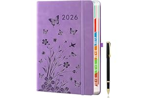 HWXBEN 2026 Agenda Jour par page, A5 (lavande) : Agenda par jour de janvier à décembre, agenda quotidien et mensuel avec onglets mensuels colorés, design floral, porte-stylo élastique,lavande.